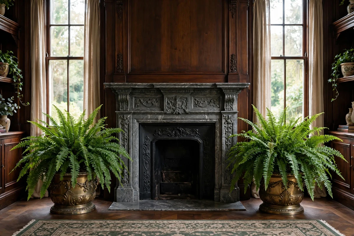 Boston ferns in ornate brass planters flanking a Victorian fireplace
