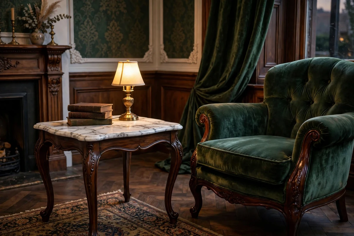 Marble-top side table with cabriole legs beside a velvet armchair in a Victorian living room