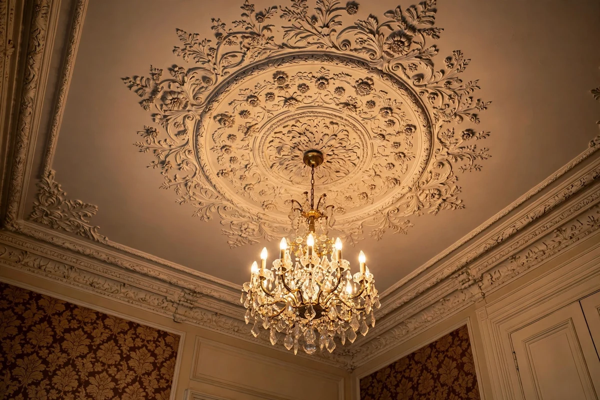Ornate plaster ceiling medallion around a crystal chandelier in a Victorian living room