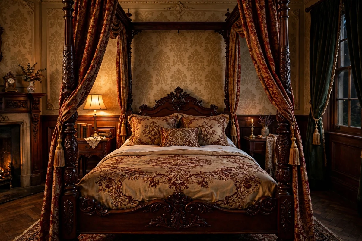 Carved mahogany four-poster bed with brocade canopy drapes in a Victorian bedroom