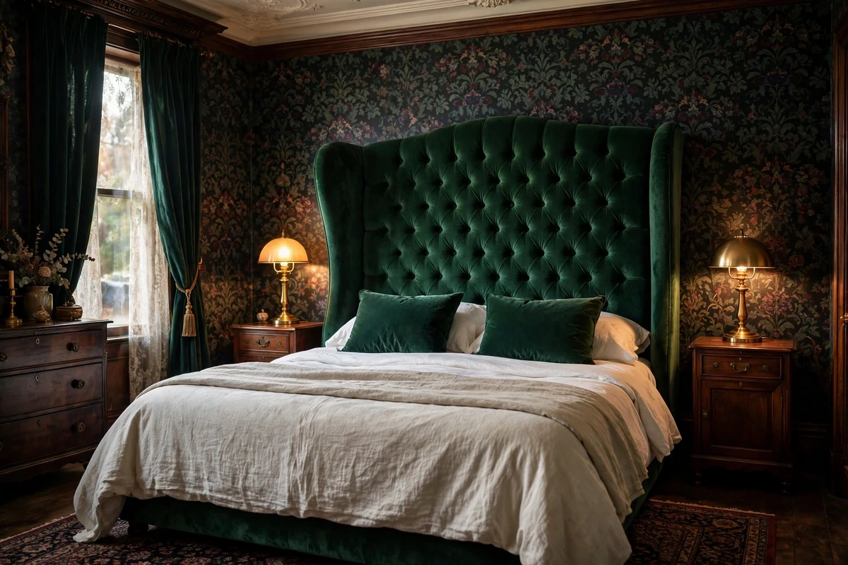 Emerald deep-button tufted velvet wingback headboard in a Victorian bedroom