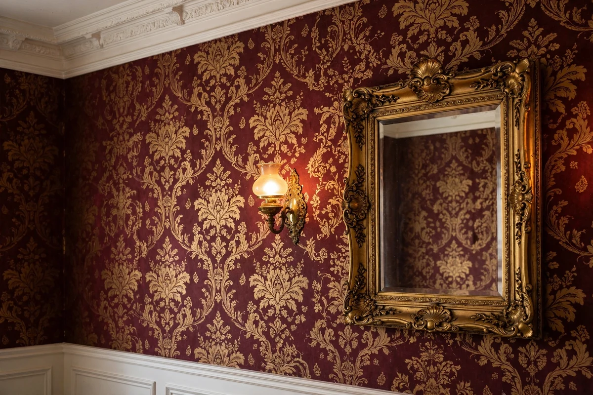 Burgundy damask wallpaper with gold accents and gilded mirror in a Victorian bedroom