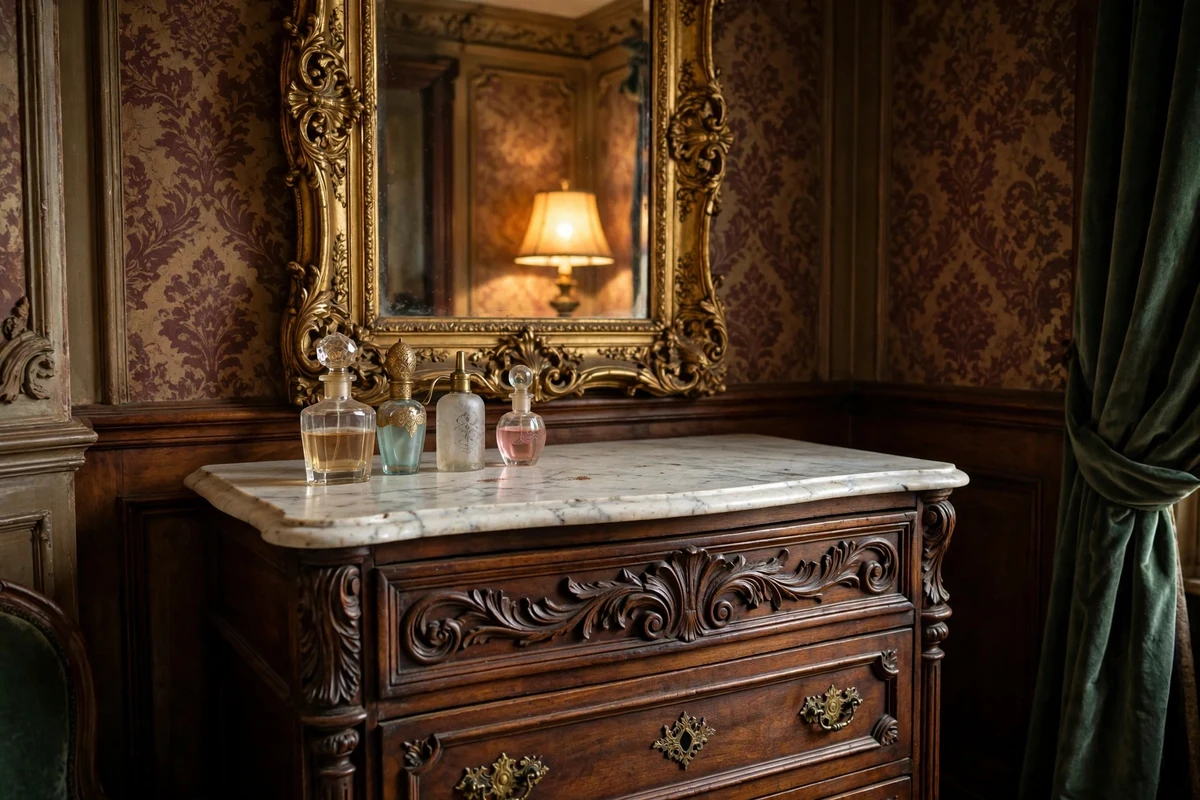 Victorian marble-top dresser with ornate gilt mirror in an elegant bedroom
