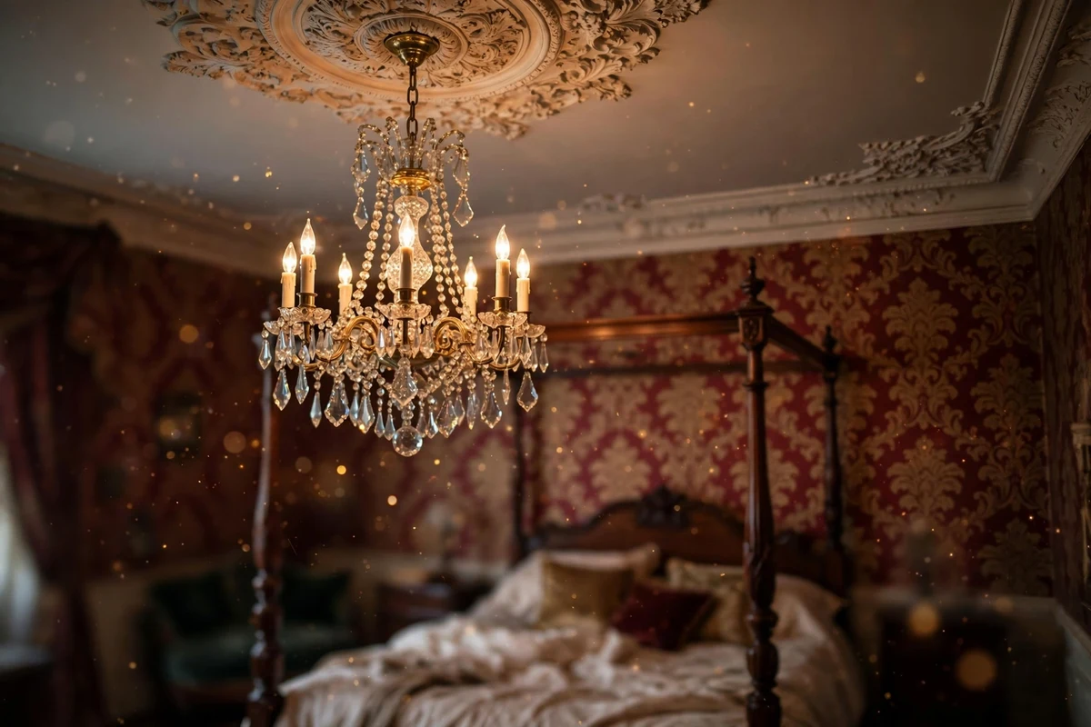 Crystal chandelier glowing above a Victorian bedroom with damask walls