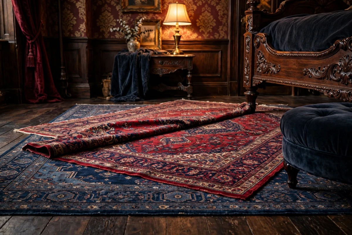Layered Persian rugs in deep reds on dark wood floor of a Victorian bedroom