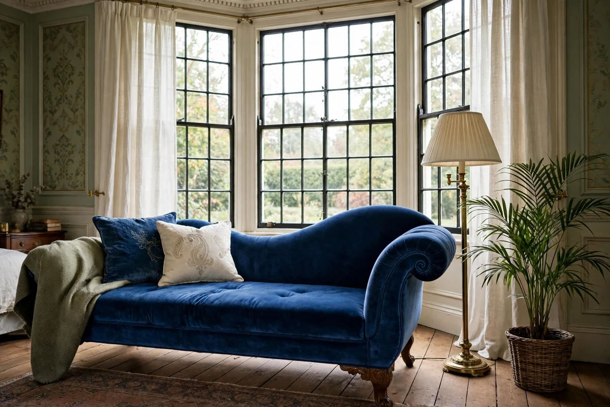Sapphire velvet Victorian fainting couch by a bay window in a bedroom