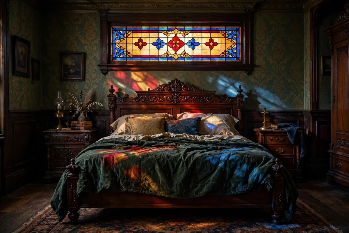 Stained glass transom window glowing with colored light in a Victorian bedroom