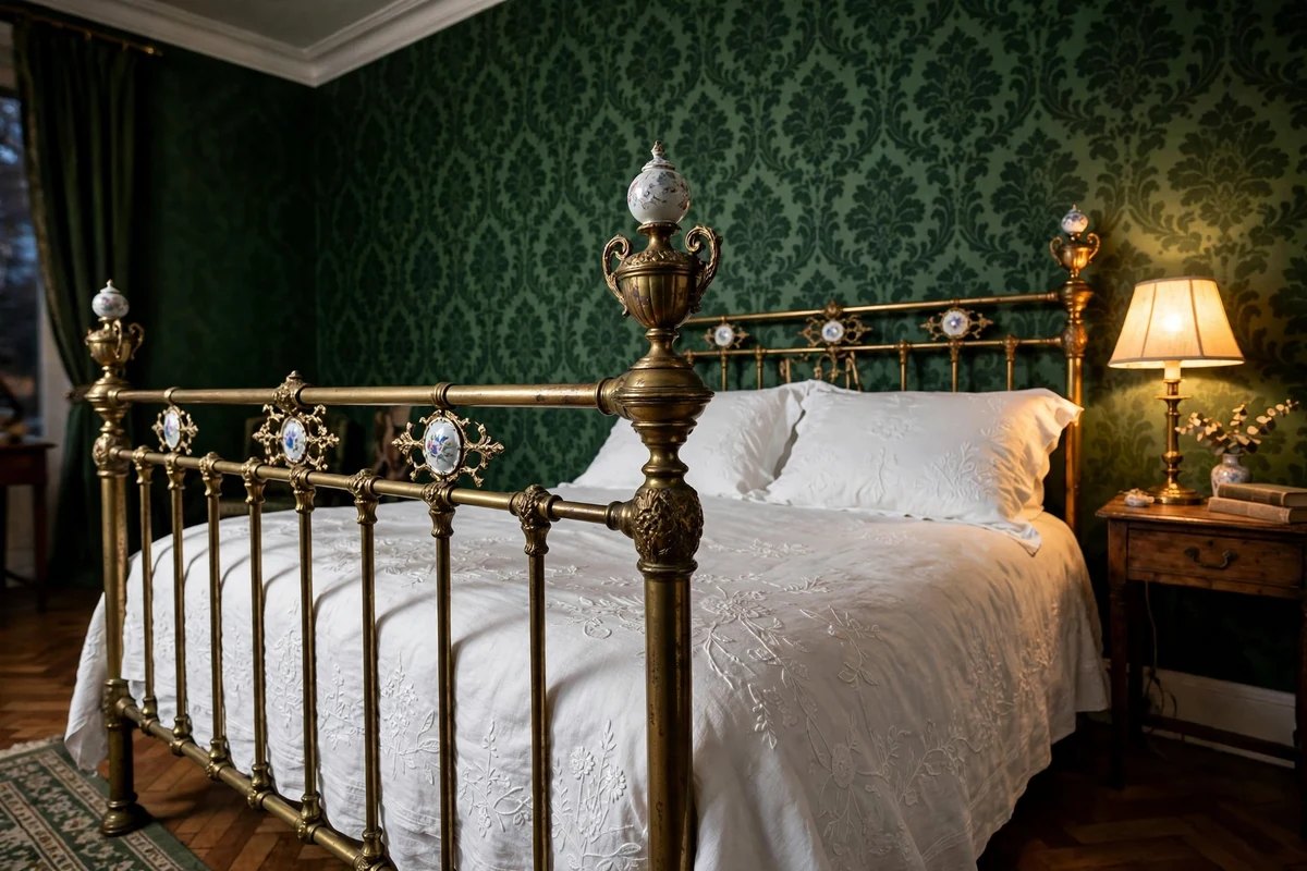 Antique brass bed frame with porcelain details in a Victorian bedroom