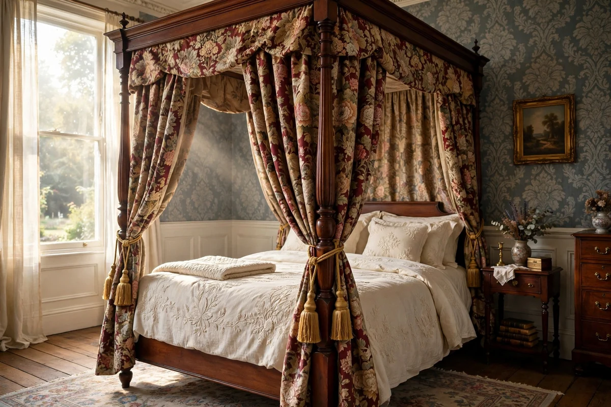 Brocade canopy drapes tied back on a four-poster bed in a Victorian bedroom