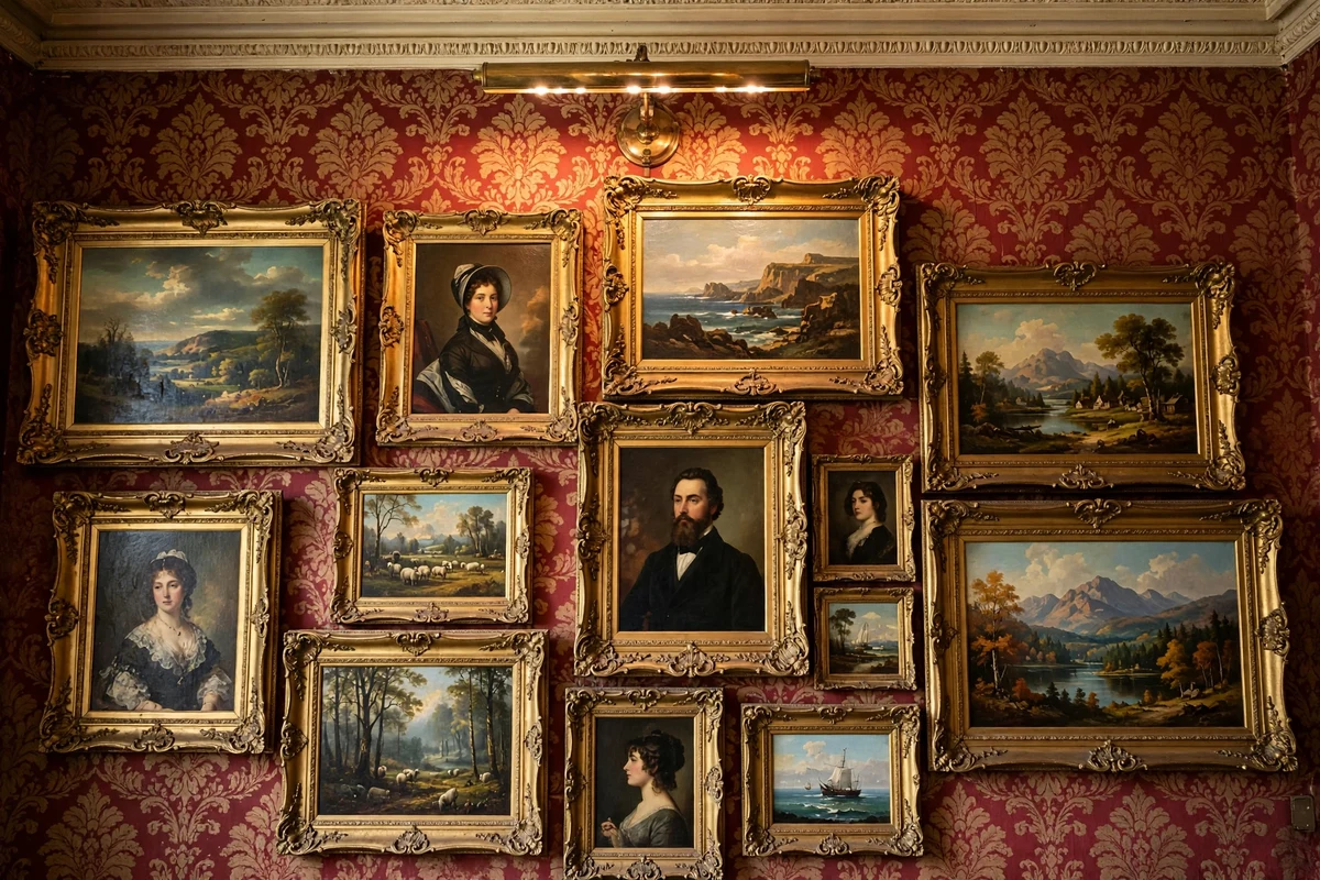 Salon-style gallery wall of gilt-framed oil paintings in a Victorian bedroom