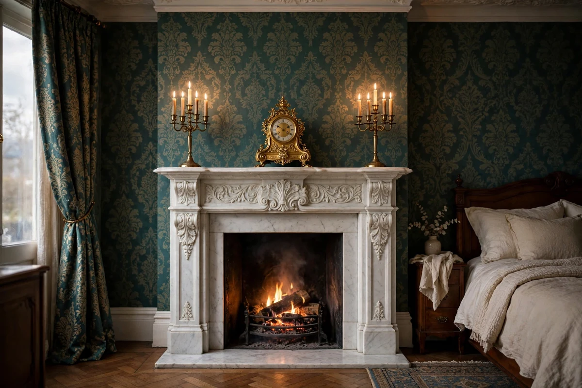 White marble Victorian fireplace with brass candelabra in an elegant bedroom