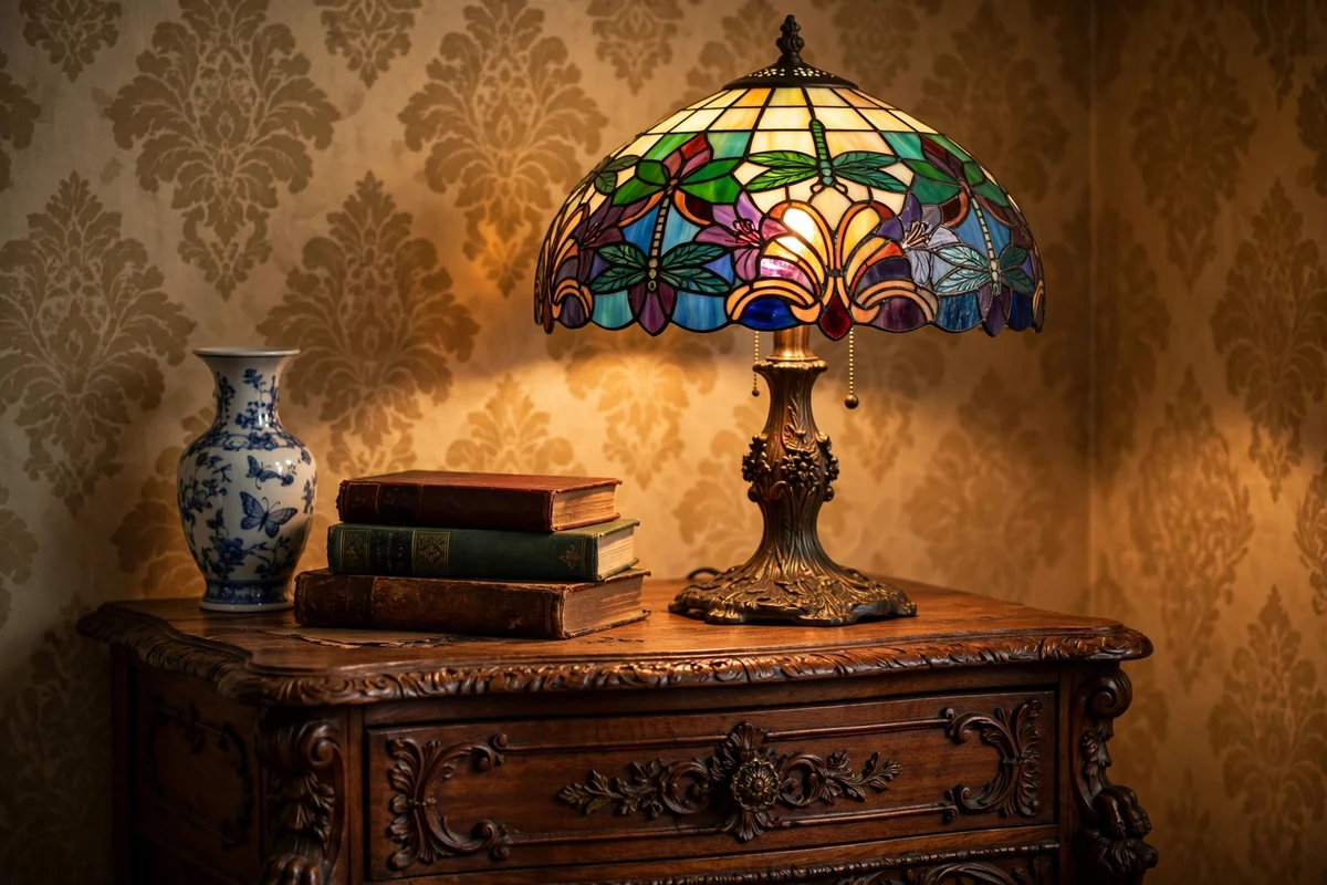 Tiffany-style stained glass table lamp glowing on a Victorian nightstand