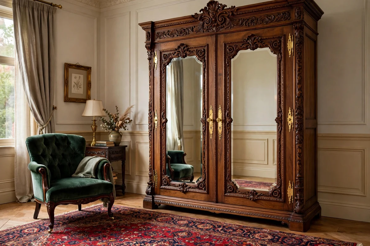 Tall carved Victorian armoire wardrobe with mirrored doors in a bedroom