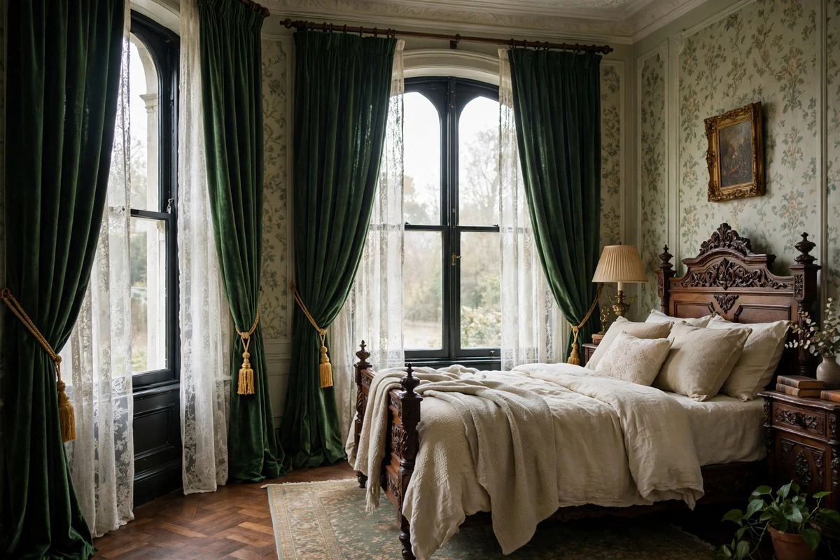 Floor-to-ceiling velvet drapes with tassel tiebacks in a Victorian bedroom