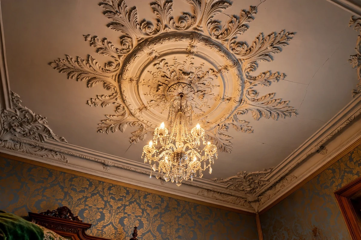 Ornate plaster ceiling medallion around a chandelier in a Victorian bedroom