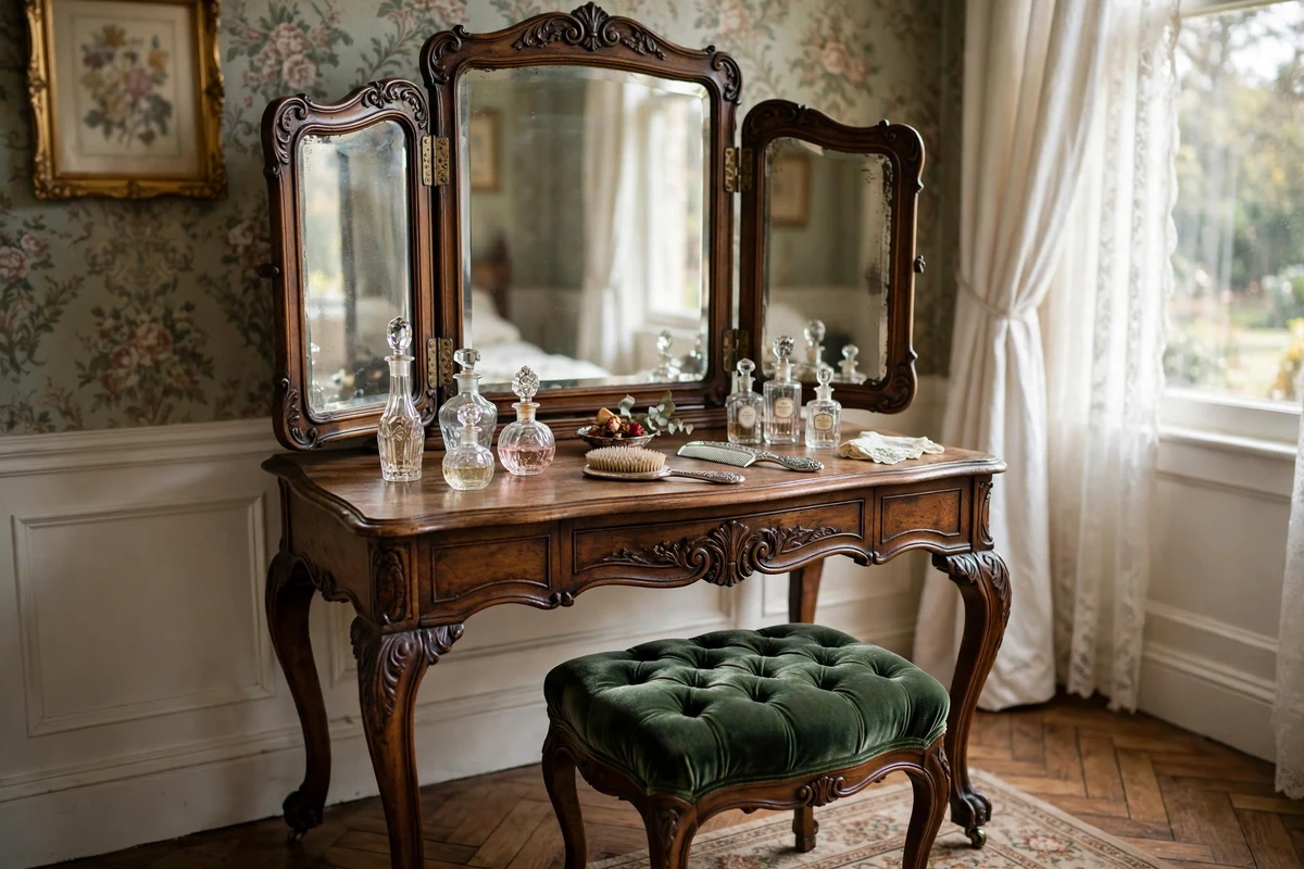 Antique Victorian vanity table with trifold mirror and velvet stool in a bedroom