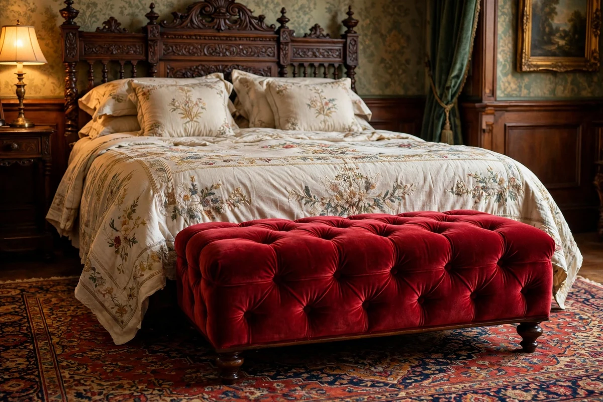 Tufted velvet ottoman bench at the foot of a Victorian bed