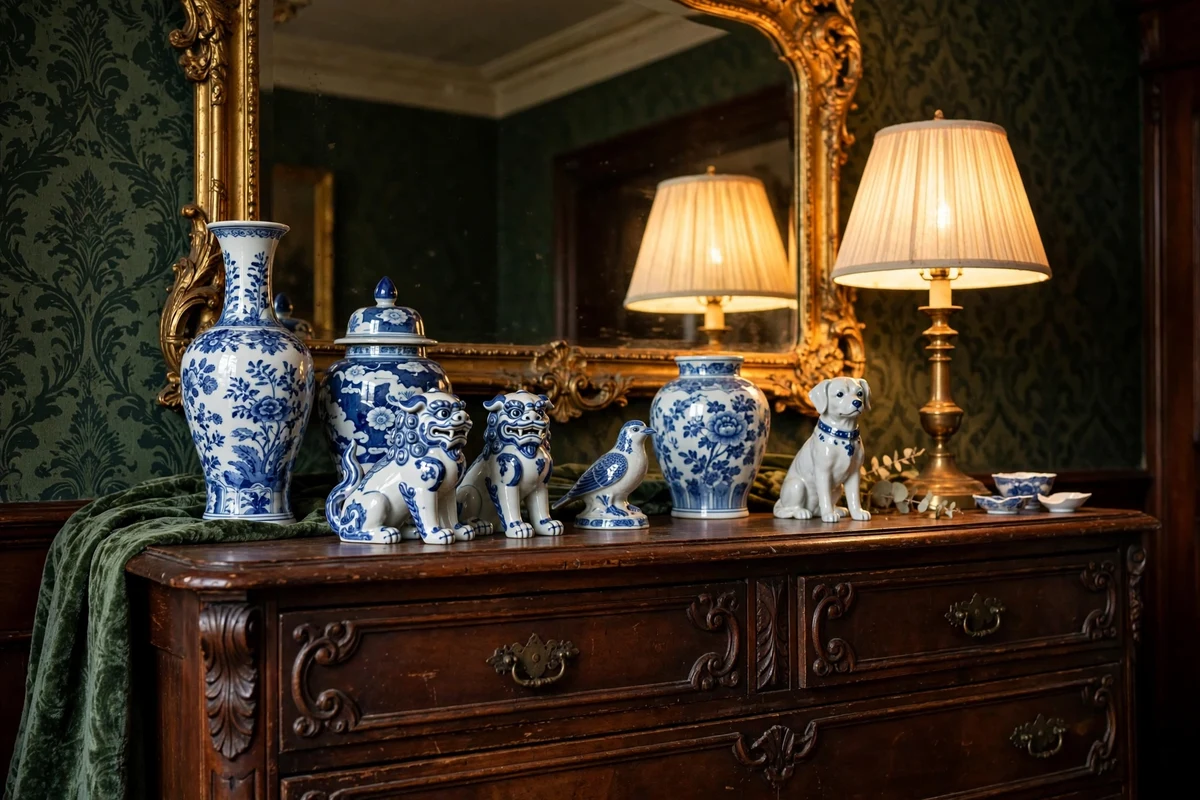Collection of porcelain figurines displayed on a Victorian dresser