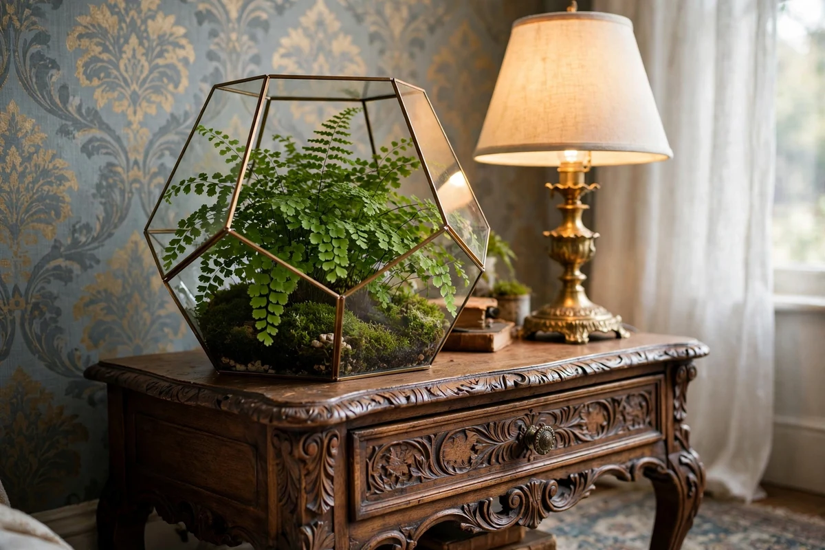 Glass fern terrarium with lush greenery on a Victorian nightstand