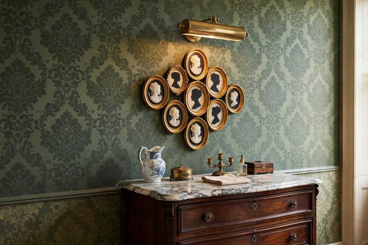 Framed cameo portraits and silhouettes arranged on a Victorian bedroom wall