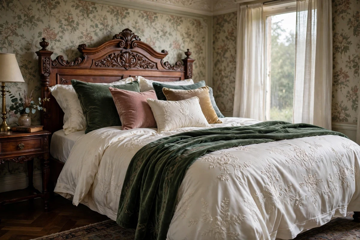 Embroidered silk bedding with floral stitching on a Victorian bed