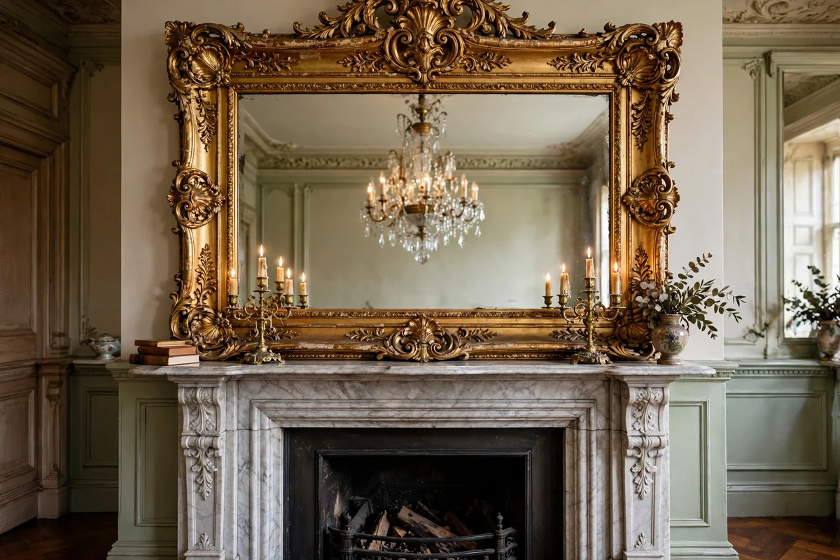 Large gilded overmantel mirror with ornate frame in a Victorian bedroom