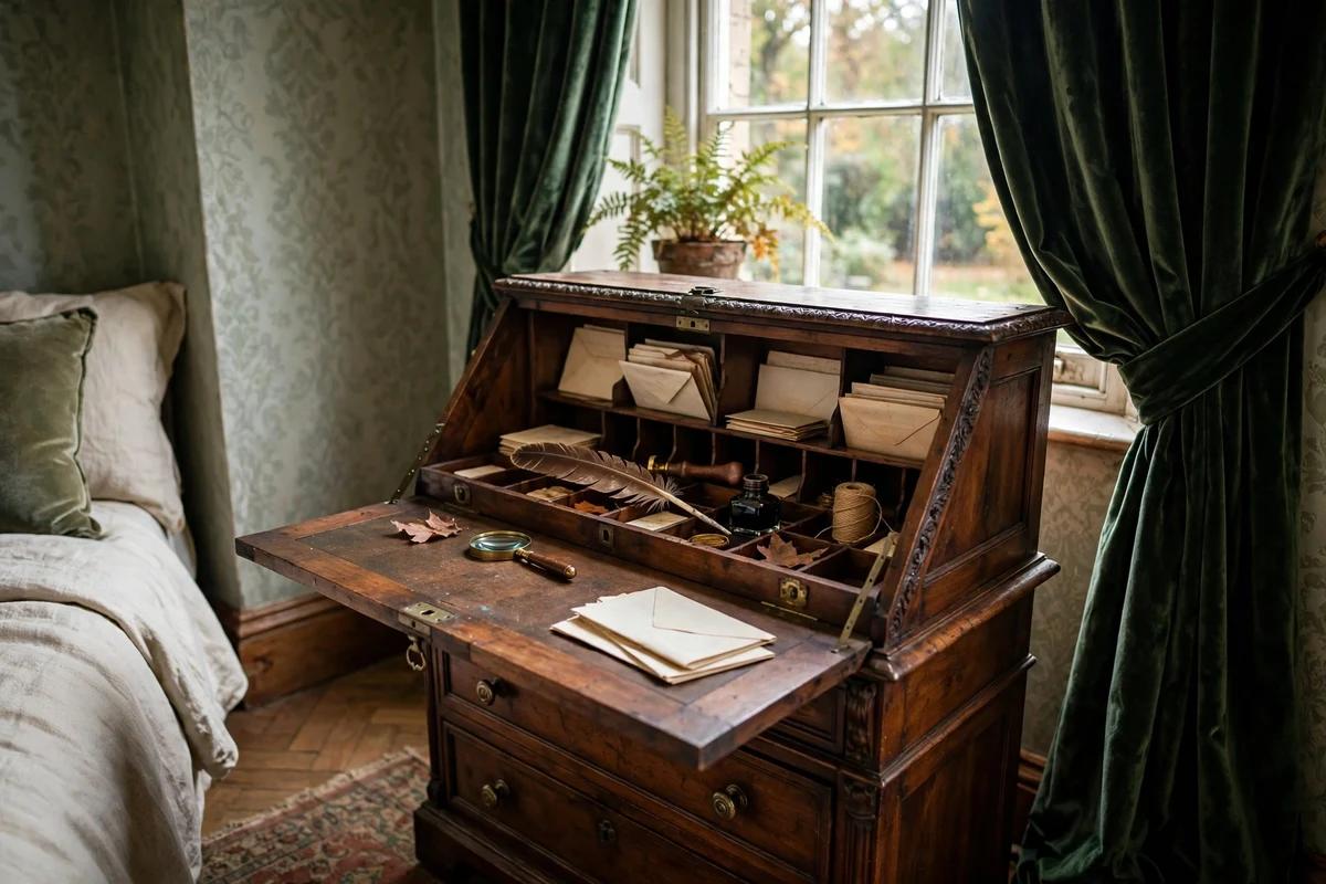 Antique Victorian secretaire writing desk with fall-front in a bedroom corner