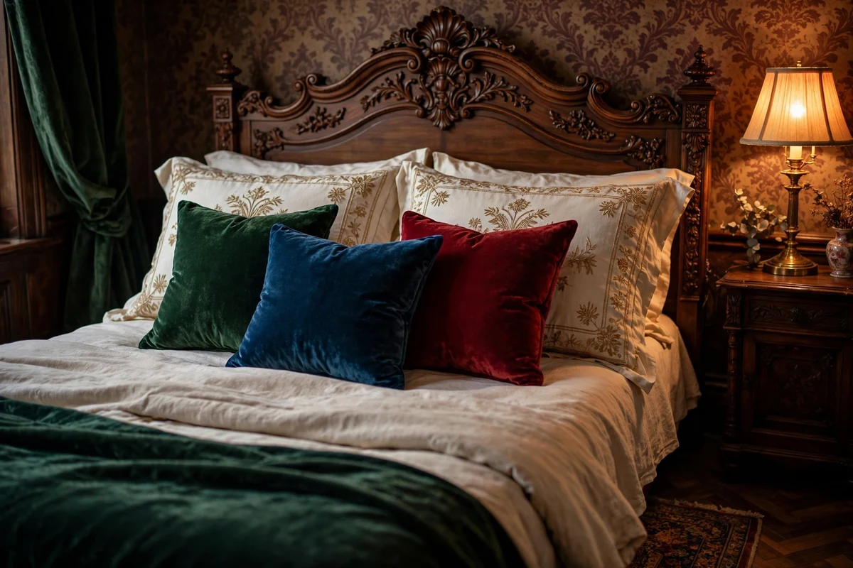 Jewel-tone velvet throw pillows arranged on a Victorian bed