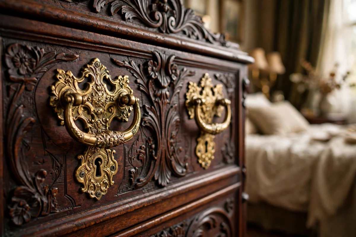 Ornate brass drawer pulls and doorknobs on Victorian bedroom furniture