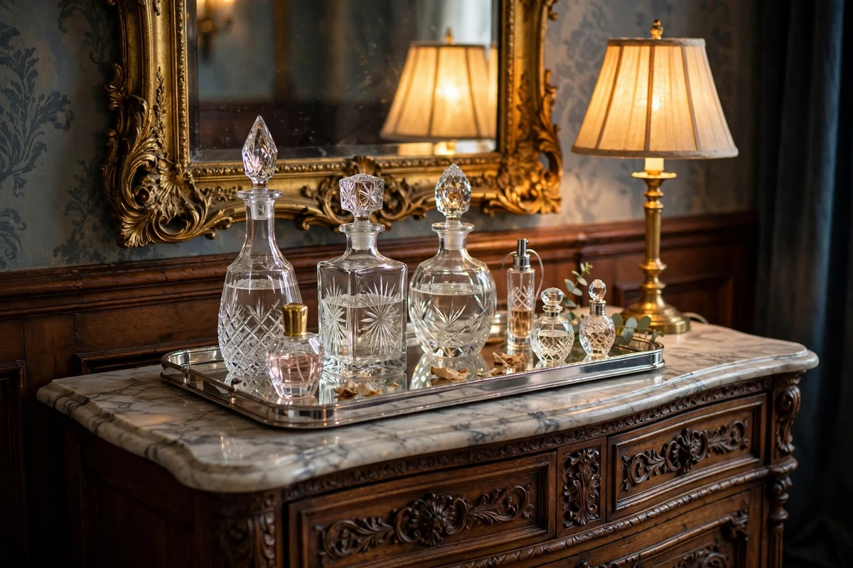 Crystal decanter tray with cut glass bottles on a Victorian dresser