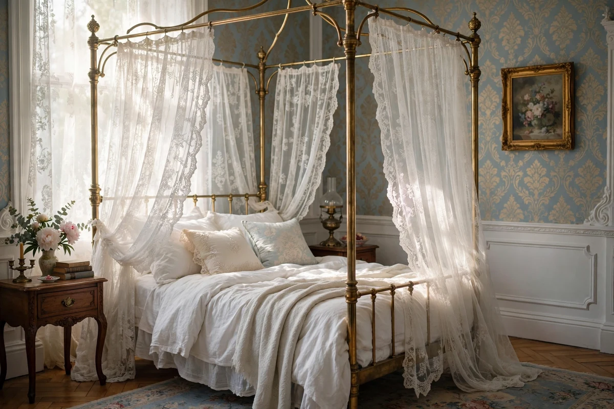 Delicate lace bed curtains on a brass canopy frame in a Victorian bedroom