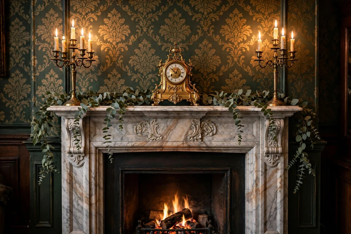 Victorian fireplace mantel styled with candelabra, clock and greenery