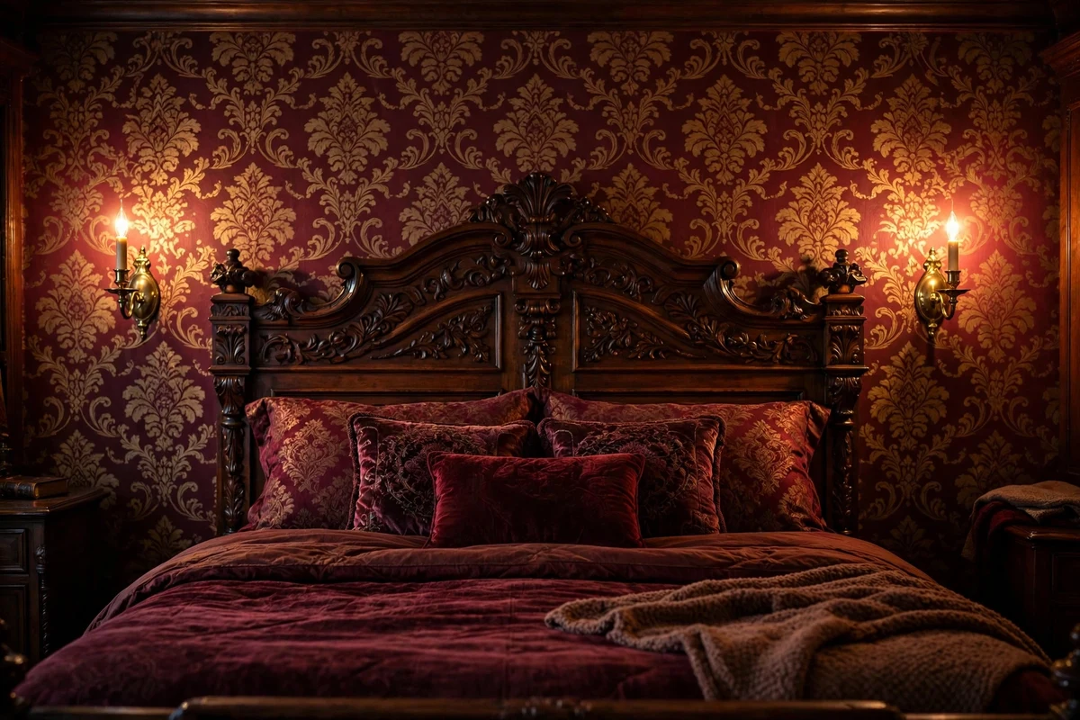 Pair of brass wall sconces with candle-style lights flanking a Victorian bed