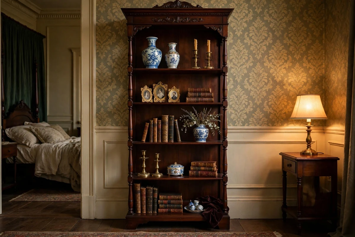 Tall curio etagere shelf styled with Victorian curios and books in a bedroom