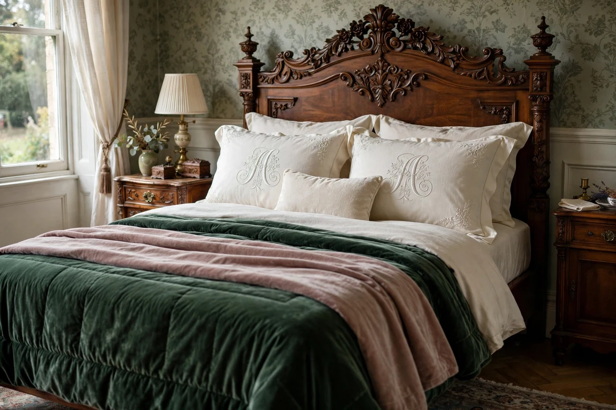 Monogrammed pillow shams with embroidered initials on a Victorian bed