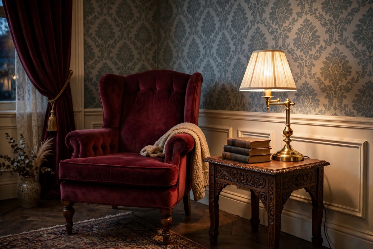 Burgundy velvet wingback reading chair with brass lamp in a Victorian bedroom corner