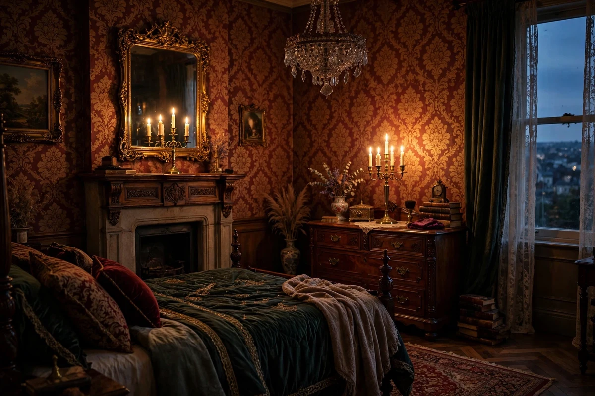 Victorian bedroom glowing with candelabra and candlelight in the evening
