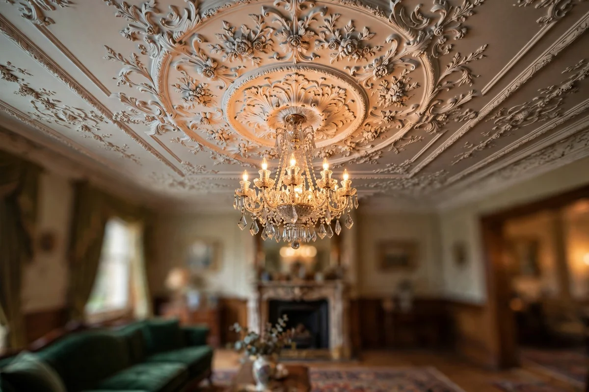 Ornate plaster ceiling medallion around a crystal chandelier in a Victorian living room