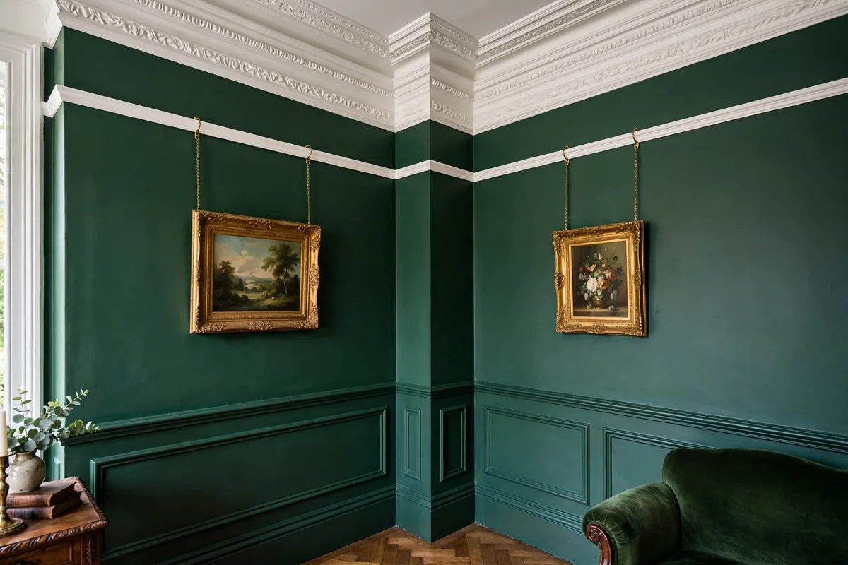 Layered Victorian crown molding and picture rail in an elegant living room