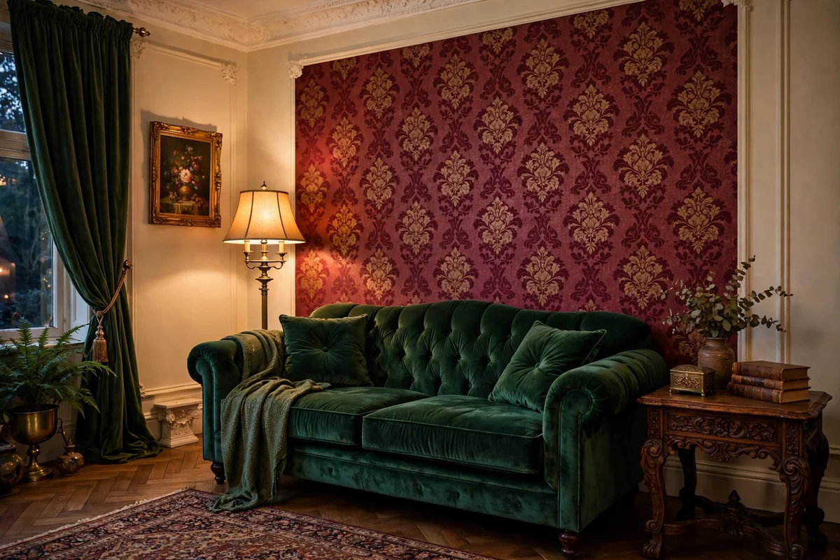 Burgundy damask wallpaper accent wall behind a velvet Victorian sofa