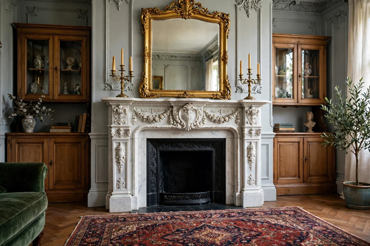 Ornate marble Victorian fireplace with carved mantel, mirror and candelabra