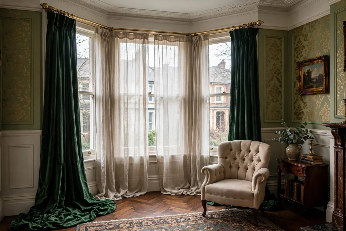 Bay window dressed with layered velvet drapes and sheers in a Victorian living room