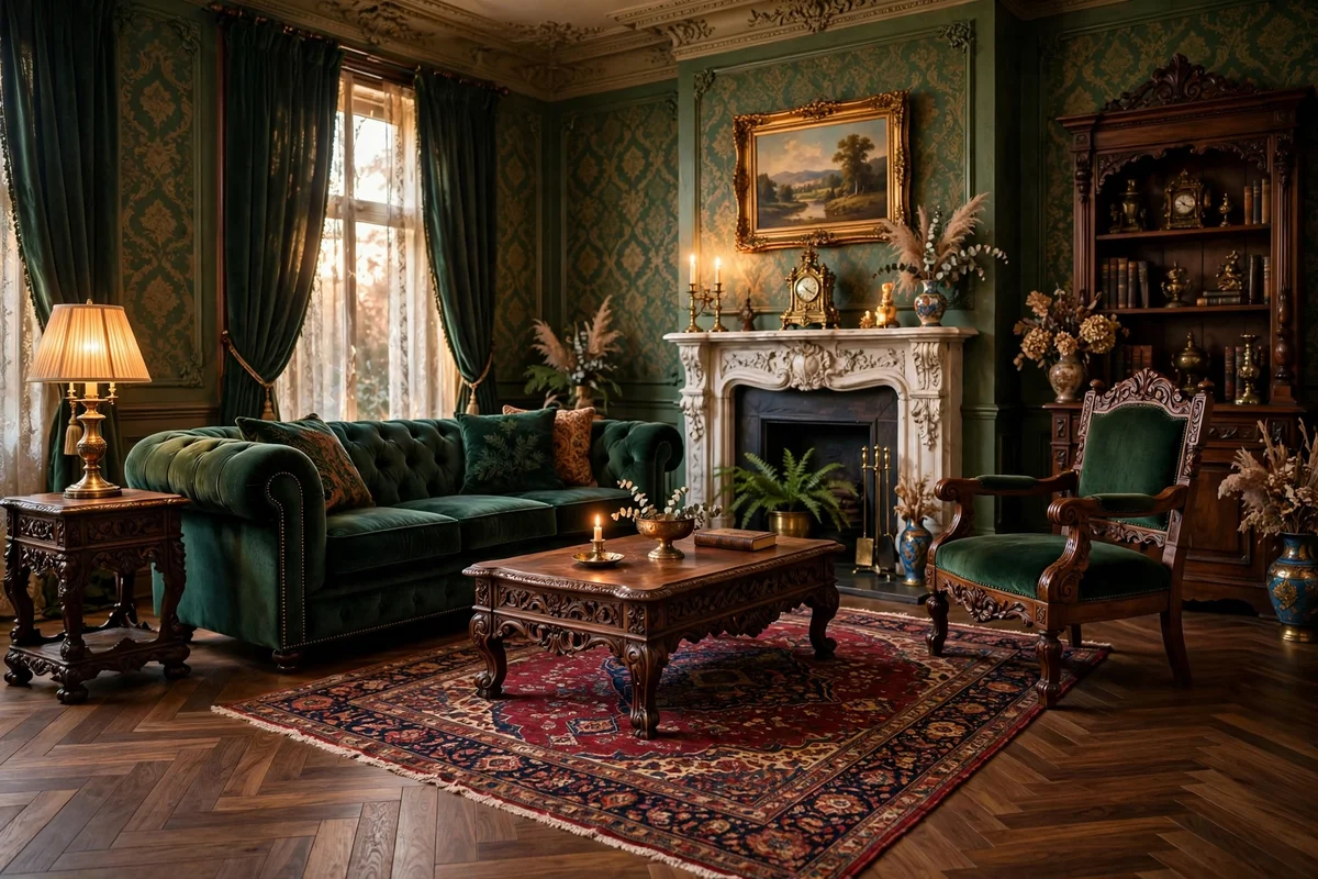 Dark walnut herringbone wood floors in a Victorian style living room