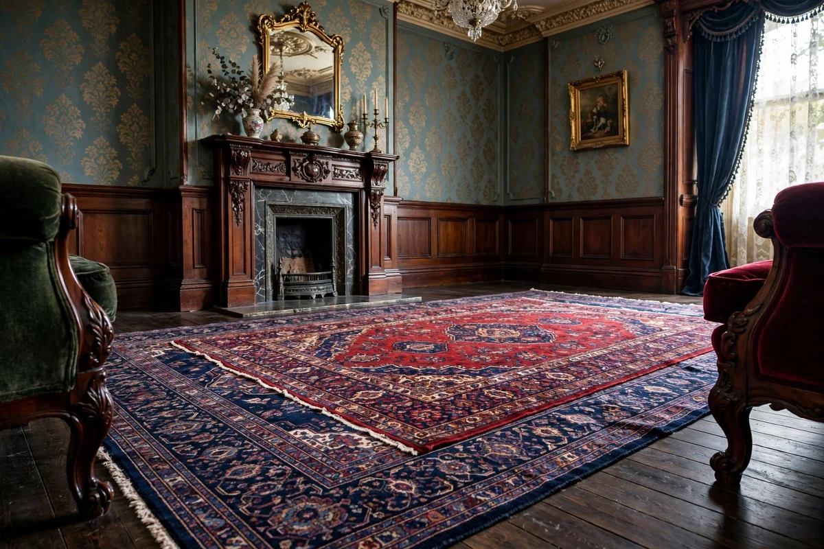 Layered Persian rugs on dark wood floors in a Victorian living room