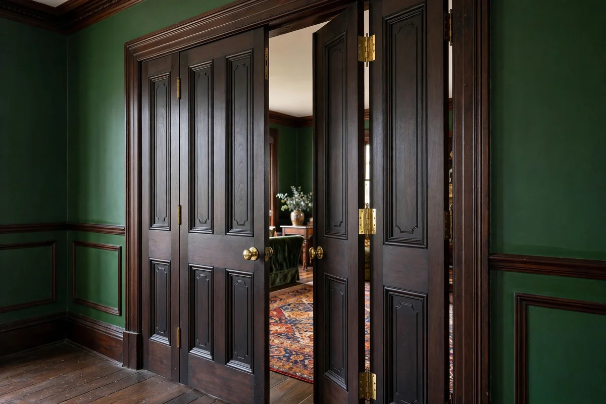 Paneled Victorian pocket doors with brass hardware in a living room