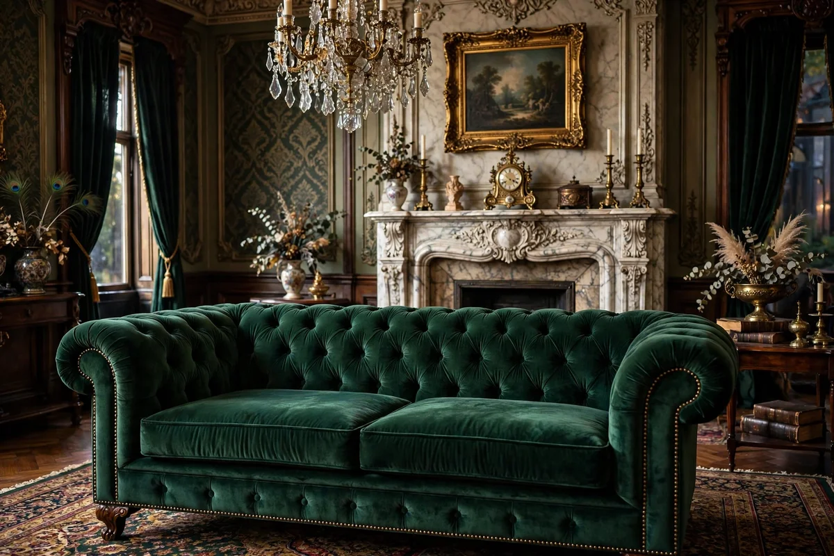 Emerald velvet tufted Chesterfield sofa in an opulent Victorian living room