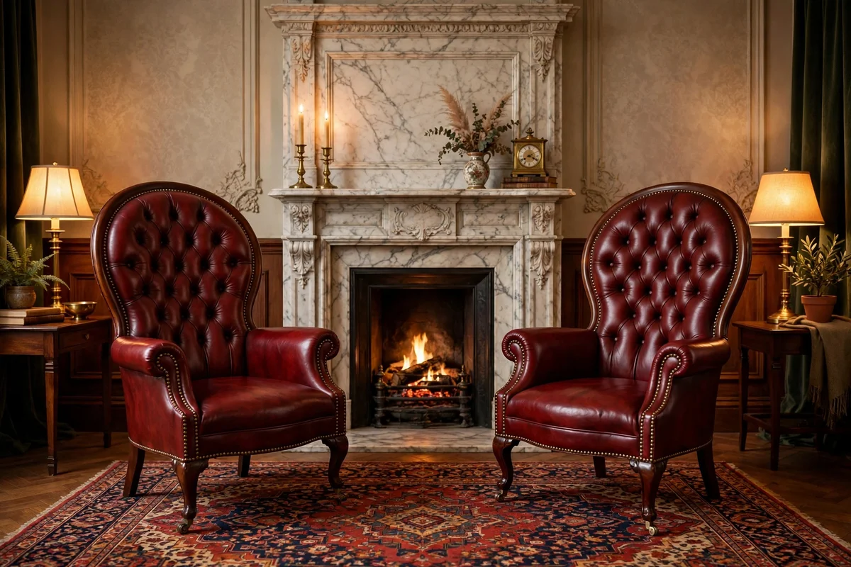 Pair of button-tufted Victorian armchairs with nailhead trim beside a fireplace