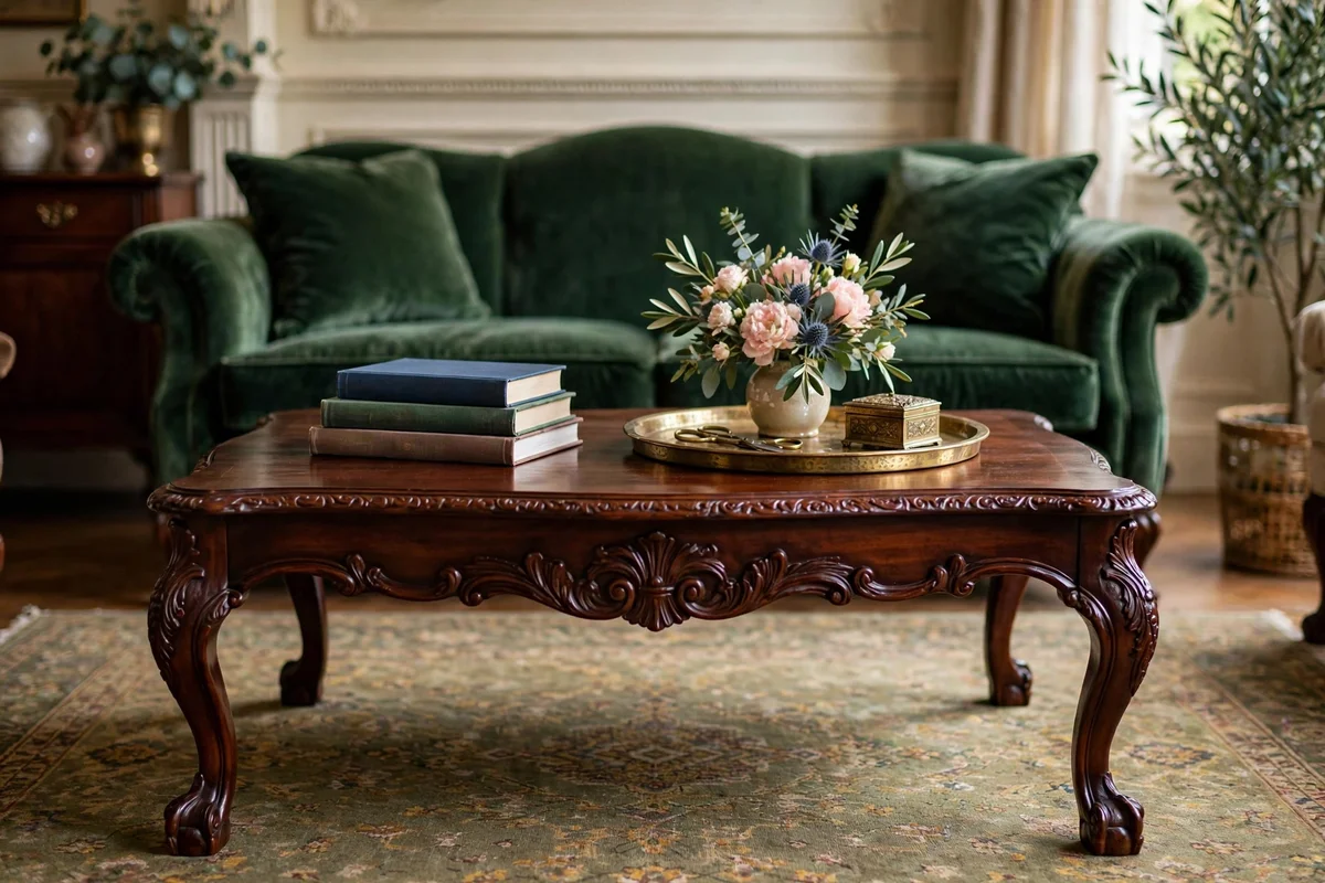 Carved mahogany coffee table with cabriole legs in a Victorian living room