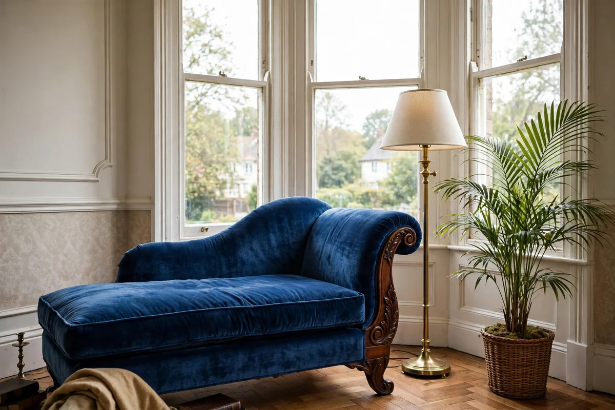 Velvet Victorian fainting couch chaise lounge by a bay window