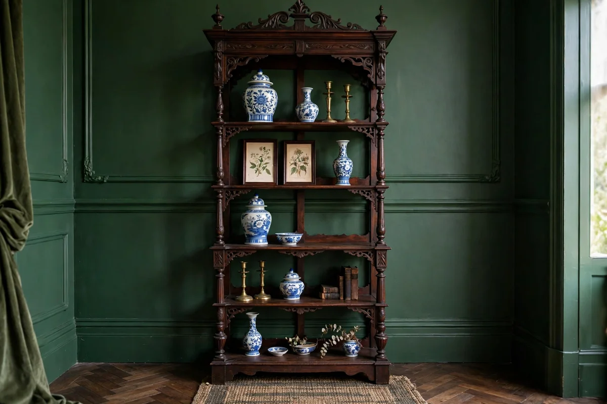 Wooden etagere cabinet displaying porcelain curios in a Victorian living room